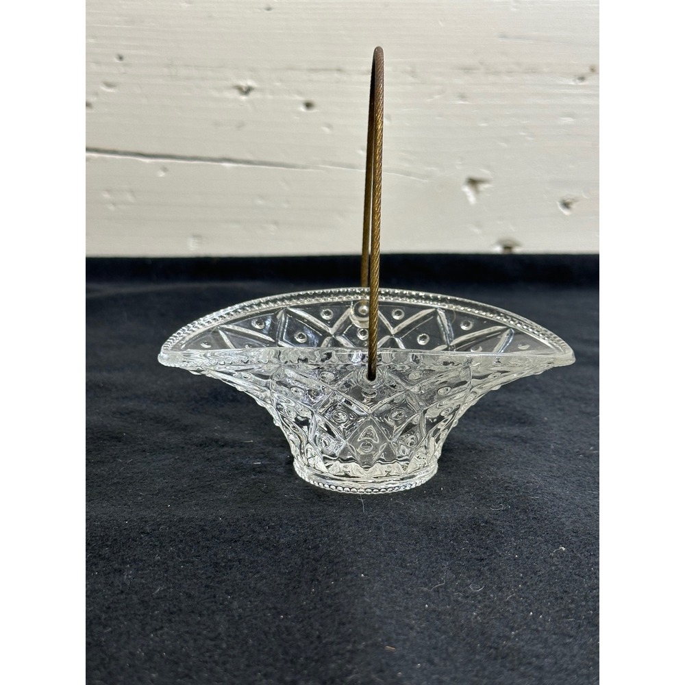 Avon Vintage Clear Glass Basket Diamond Point Hobnail Pattern Brass Handle
